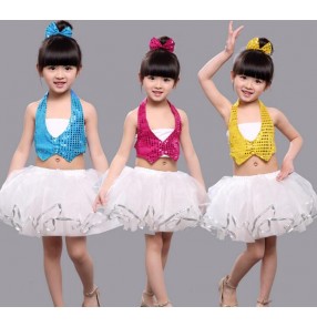 Yellow gold fuchsia hot pink turquoise princess sequins girls kids children kindergarten school play performance backless jazz modern dance  outfits costumes